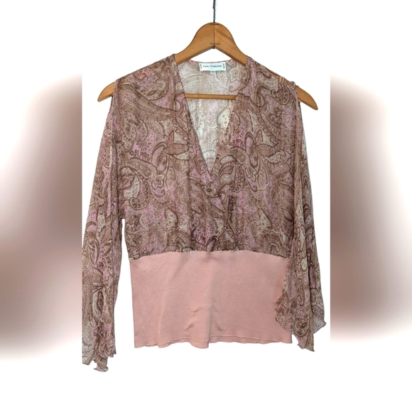 Designer Anne Fontiane silk/ cotton blouse size 2 never worn in pink/tan paisley - Picture 2 of 9